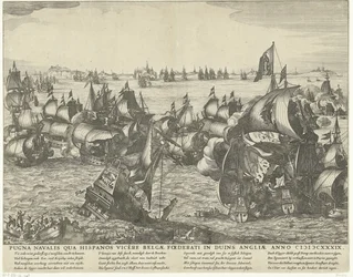 Zeeslag bij Duins, 1639 La batalla naval en la que los belgas derrotaron a los españoles en los Duins de Inglaterra en el año 1339 (título sobre objeto)