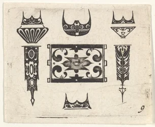 Estampa de bordado negro con nueve motivos, hacia 1620.