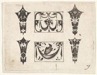 Estampa de bordado negro con dos paneles horizontales y cuatro engastes, hacia 1620