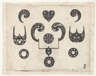 Estampa de bordado negro con diversos motivos, hacia 1620.