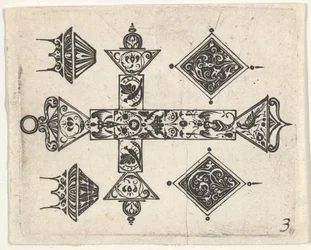 Estampa de Blackwork con una cruz latina y cuatro motivos