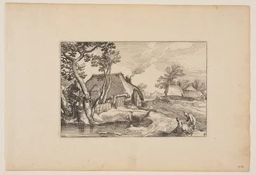 Anciano y mujer descansando junto a un estanque, de Paisajes (Verscheyden aerdige Lanthuysen...)