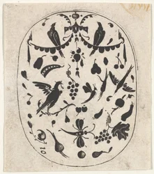 Estampa ovalada de bordado negro con aves, insectos y frutos, hacia 1620