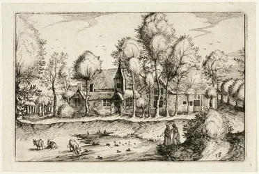 Un estanque, lámina dieciocho después de Cuadros de granjas, casas de campo y aldeas rústicas (Praediorum villarum et rusticarum casularum icones)