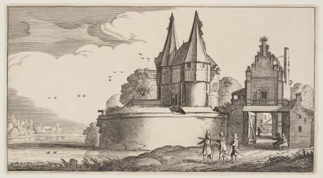 Bastión y ciudad-puerta sobre un río, de Paisajes (Playsante Lantschappen)