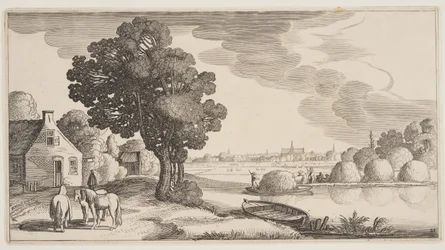 Transporte de heno en un río, de Paisajes (Playsante Lantschappen)