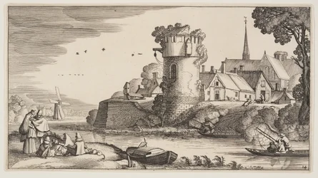 Torre de vigilancia junto a un río, de Paisajes (Playsante Lantschappen)