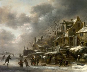 Escena de invierno, río con figuras patinando, 1671