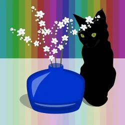Jarrón de vidrio azul con flor y gato negro