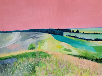 Paisaje onírico con cielo rosa