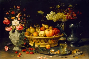 Bodegón de frutas y flores, 1608-1621