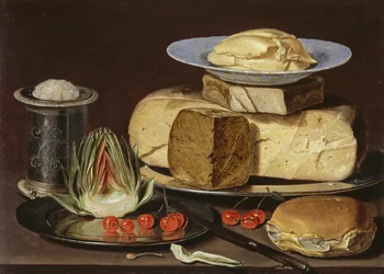 Naturaleza muerta con quesos, alcachofa y cerezas, ca 1625