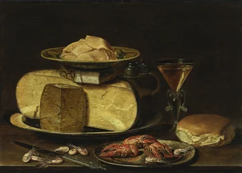 Naturaleza Muerta con Quesos, Vaso à la façon de Venise y cangrejo en un plato de peltre