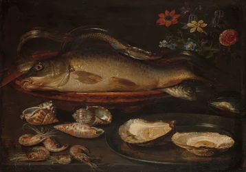 Bodegón con pescado, marisco y flores