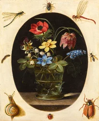 Bodegón con flores rodeadas de insectos y un caracol