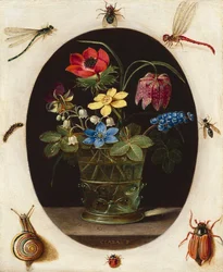 Naturaleza muerta con flores rodeadas de insectos y un caracol, c.1610 (óleo sobre cobre)