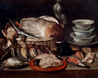 Naturaleza muerta con aves, conchas y cerámica