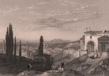 Vista panorámica de la ciudad de Verona desde la iglesia de San Zeno in Monte, Véneto, Italia, grabado en acero de S Fisher sobre dibujo de Clarkson Stanfield (1793-1867), 14x12 cm aprox.