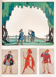 Escenografía para Como gustéis Acto I, Escena I y Vestuarios de Amiens y Lebeau, 1919