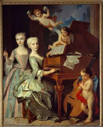 Adelaida de Gueidan y su hermana al clavicordio: Adelaida (1725-1786) y su hermana Catalina (1726-1759) son miembros de una gran familia provenzal. Están rodeadas de ángeles musicales. 1735-1740. Óleo sobre lienzo de Claude Arnulphy (1697-1786). Museo