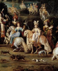 Ecuyeres cazando con halcón (detalle) de una pintura de Claude Deruet (1588-1662)