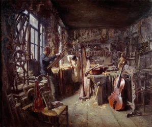 Un restaurador en su taller lleno de instrumentos. Pintura de Claude Firmin (1864-1944) 1896 Avignon musee Calvet ¡Atención! La utilización de esta obra puede estar sujeta a una solicitud de autorización de terceros o a tasas adicionales
