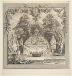 La colación preparada en un jardín. Creadores: Claude Gillot, Jacques Gabriel Huquier