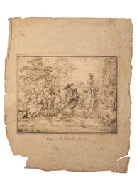 Les quatre âges de la vie: Siete figuras en un jardín, una cavando con una pala (pluma y tinta marrón)