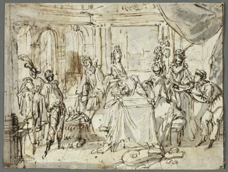 Los actores preparándose (recto); Estudios de la Sagrada Familia y San Juan Bautista (verso)