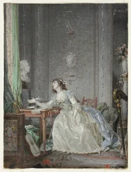 Interior con un retrato de una joven ante un busto