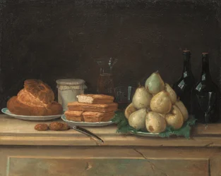 Peras y pan en platos, con botellas de vino y copas en un alféizar de piedra (óleo sobre lienzo)