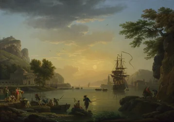 Paisaje al atardecer con pescadores que regresan con su captura, 1773