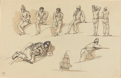 Ocho estudios de figuras y un barco en el mar