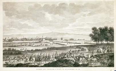 Entrada de soldados franceses en Turín, hacia 1796 (aguafuerte)