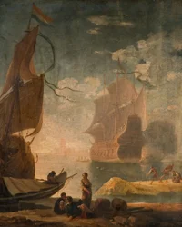 Escena de puerto con barco de guerra y figuras en un muelle