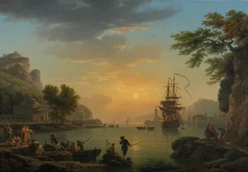 Paisaje al atardecer con pescadores regresando con su captura