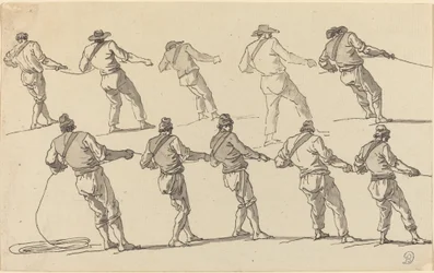 Diez hombres tirando de cuerdas