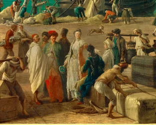 (detalle) El puerto de Marsella en el siglo XVIII. Detalle que representa la descarga de mercancías. Pintura de Joseph Vernet (1714-1789)