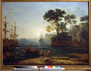 Llegada de Eneas a Italia. Creación del Imperio Romano. (Llegada de Eneas a Italia. Mañana del Imperio Romano). Pintura de Claude Gellee, dijo Claude Le Lorrain (1600-1682). Óleo sobre tela. arte barroco Museo Pushkin de Bellas Artes, Moscú