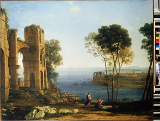 Vista de la costa con Apolo y la Sibila de Cumas. Pintura de Claude Gellee conocida como Claude Le Lorrain (1600-1682)