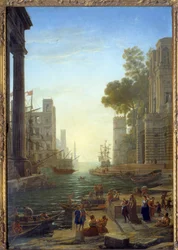 Paisaje con el barco de Santa Paula Romana en Ostia. Santa Paula deja a sus hijos para viajar a Tierra Santa. Lienzo, 211 x 145 cm - Embarque de Santa Paula a Ostia. Santa Paula (347-404 o 407), viuda romana, discípula de San Jerónimo. Pintura de Claude Lo