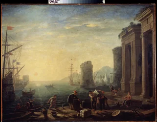 Mañana en el puerto. Mañana en el puerto. Pintura de Claude Gellee, conocido como Le Lorrain (1600-1682). Óleo sobre tela