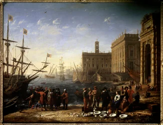 Vista de un puerto con el Capitolio. Vista de la ciudad de Roma, Italia. Pintura de Claude Gellée, llamado Le Lorrain (1600-1682). Siglo XVII. Dimensiones 0,56 x 0,82 m. París, Musée du Louvre.