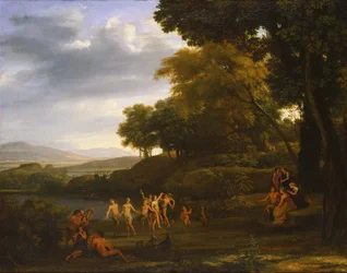 Paisaje con sátiros y ninfas danzantes.