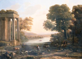 Paisaje pastoral con templo en ruinas, c.1638