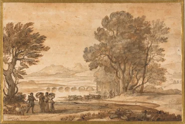 Un paisaje fluvial boscoso con Jacob, Labán y sus hijas