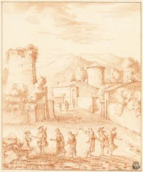 Bailarines y músicos ante pueblo con torre en ruinas