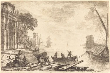 Escena del puerto con sol naciente