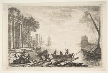 Escena de puerto con sol naciente, 1634