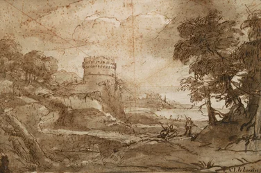 Paisaje con torre redonda y bahía